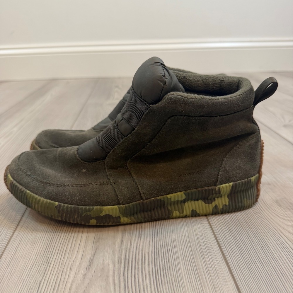 Sorel Out N About Plus Mid Sage Camo Waterproof Suede Boots NL3798-326‎ Womens 9